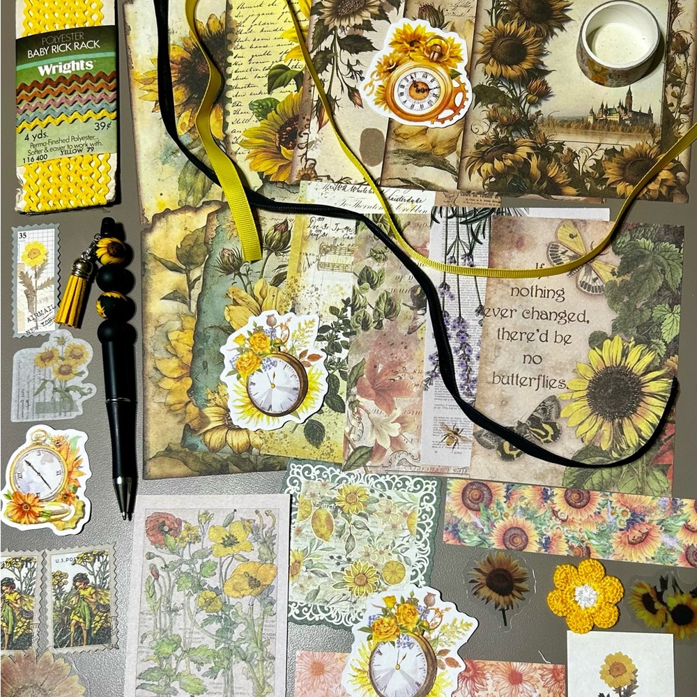Sunflowers and Bees these junk journal scrapbook kit with beaded pen
